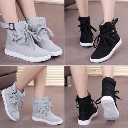 Womens Casual Sneakers Buckle Strap Hiking Flats Lace Up High Top ...