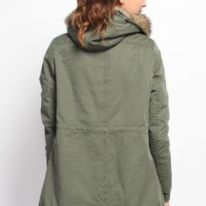 Fur Lined Twill Hooded Drawstring A..