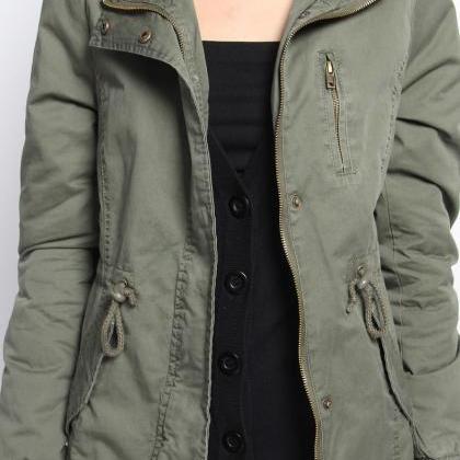 Fur Lined Twill Hooded Drawstring A..