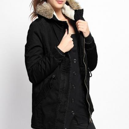 Fur Lined Twill Hooded Drawstring A..