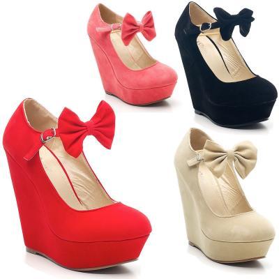 Ladies Faux Suede Platform Mary Jane Bow High Wedge Shoes