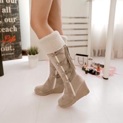 Faux Lambswool Winter Knee Boots Wedge Women's Shoes Lace Up Faux Suede Fringe