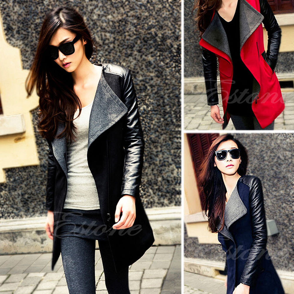 Women's Warm Wool Blend PU Leather Sleeve Long Coat Jacket