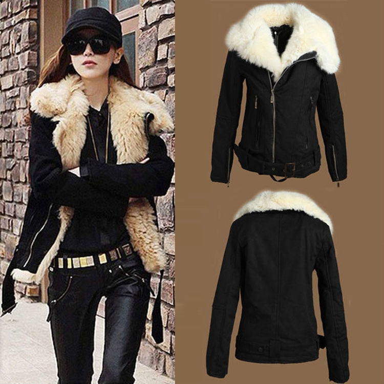 Women Winter Warm Lamb Wool Fur lapel Zipper Parka Coat Jacket