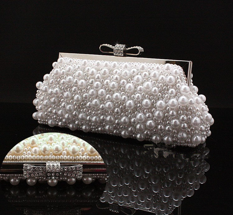 women's Beaded Evening Bag Imitation Pearls Beads Clutch bag with Chain Purse