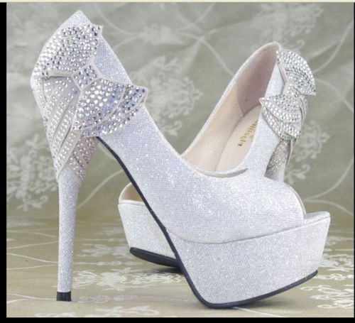 Evening Party Crystal Bows High Heels Platform Open Toe Wedding Shoes