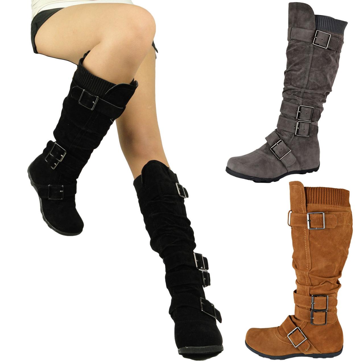 Women Flat Knee High Boots Adjustable Straps Suede Comfort Winter Black Shoes