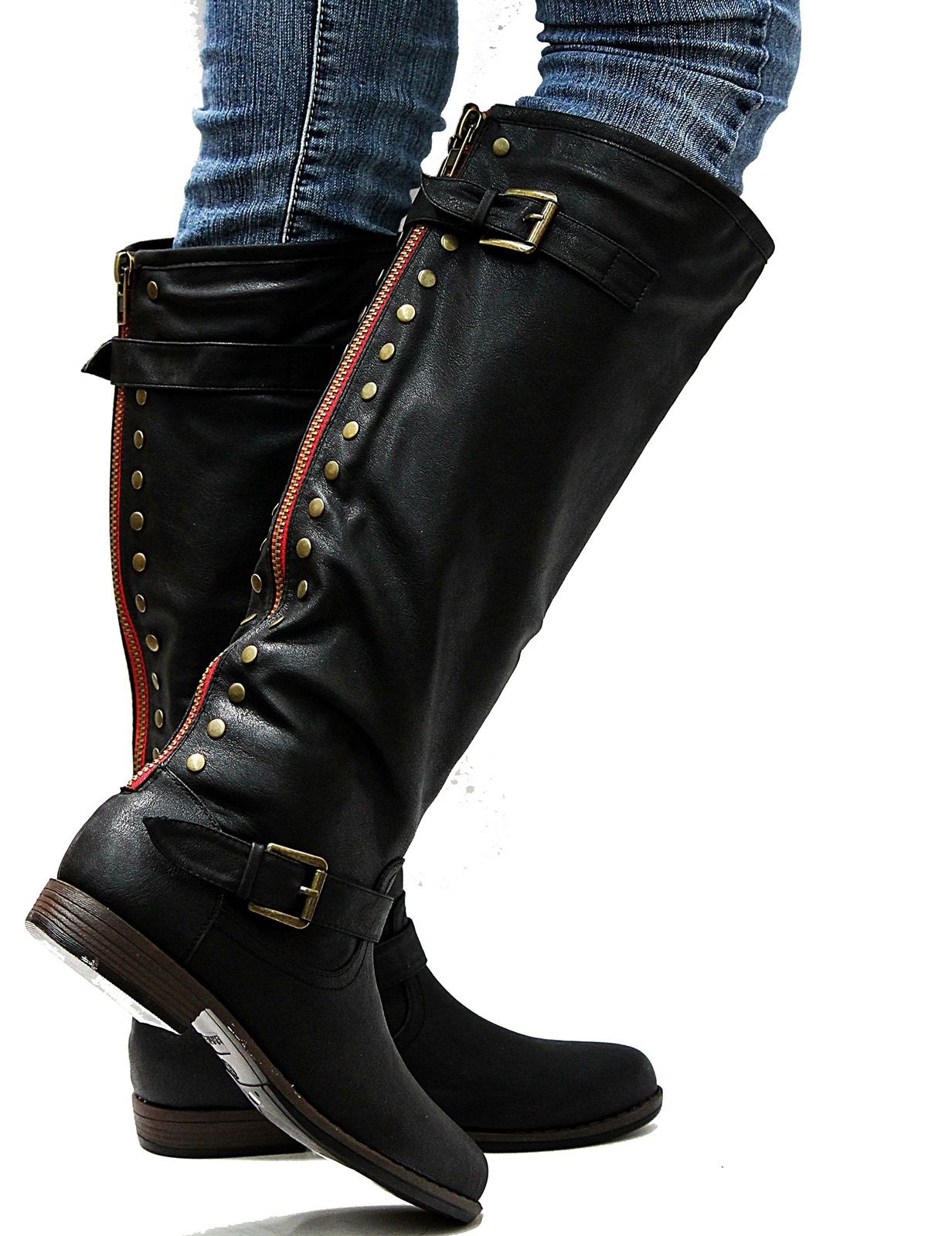 black boots with red zipper