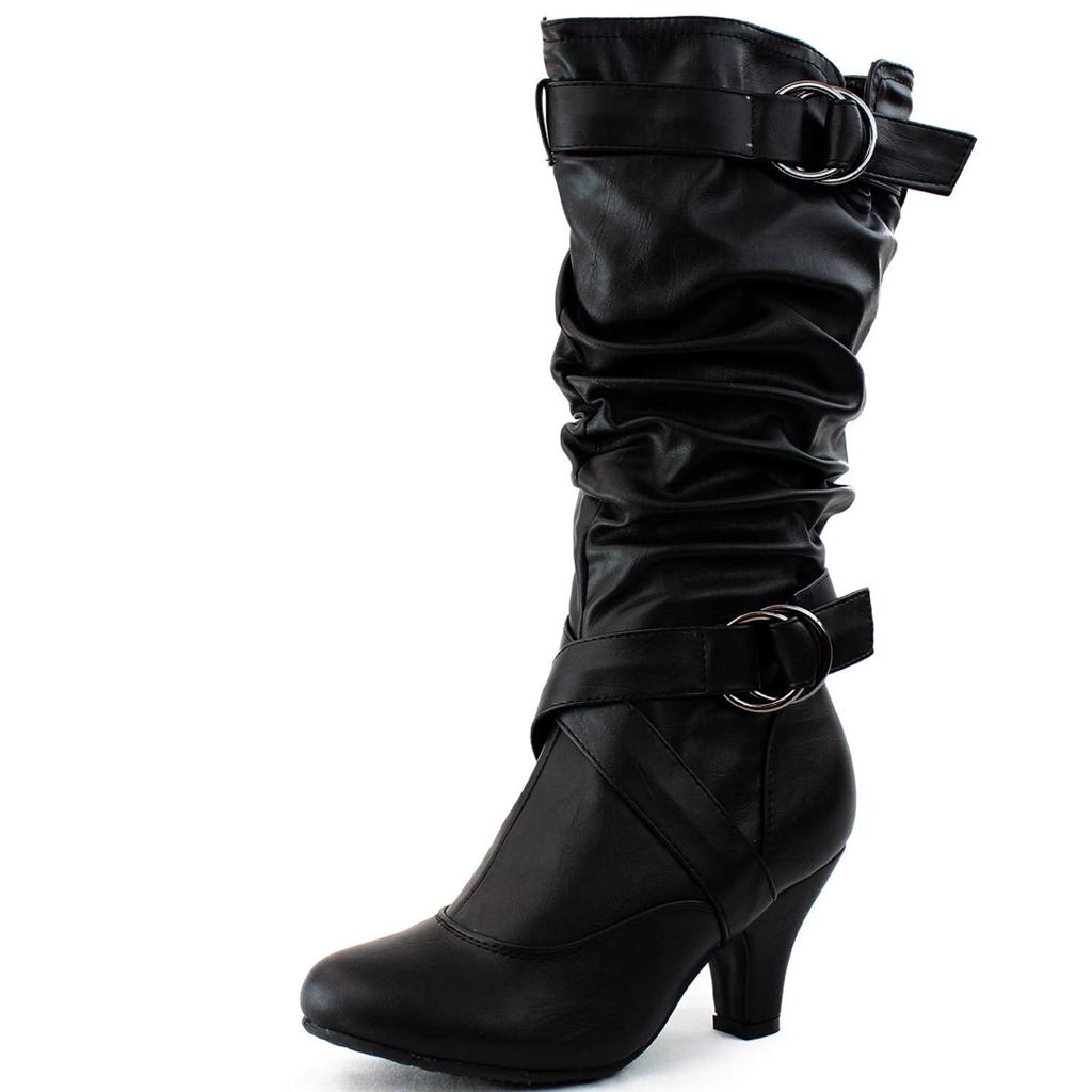 New Sexy Womens Mid Calf Faux Leather Black High Heel Boots