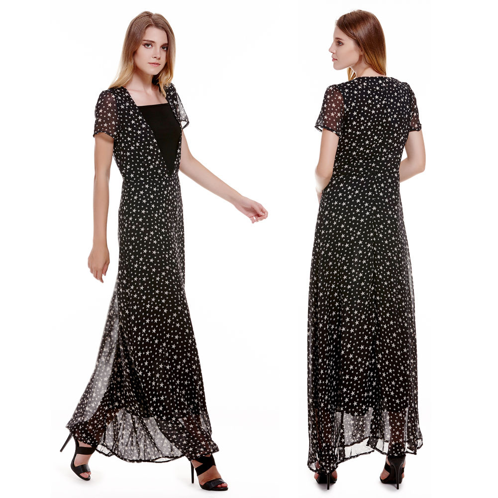 ashion Women Chiffon Short Sleeve Top Long Maxi Dress Plunging Neck Star Dress