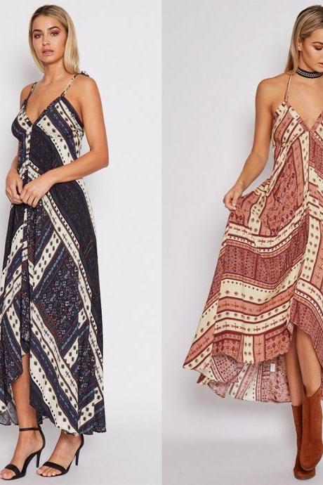Tribal Print Plunge V Maxi Dress Featuring Tie Accent Open Back 