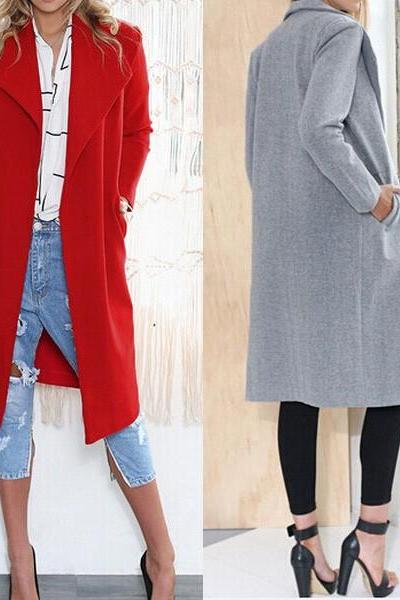 Lady Women Lapel Cashmere Jacket Winter Long Parka Wool Slim Coat Trench Outwear