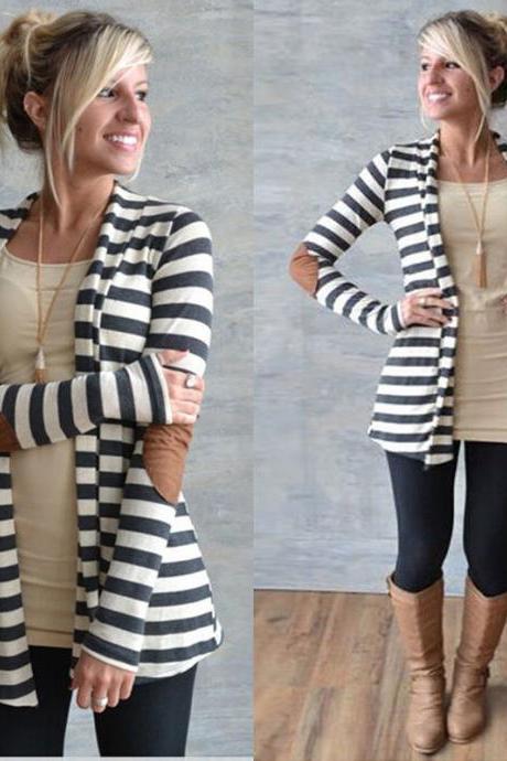 Women Long Sleeve Striped Cardigan Long Coat Jacket Outwear Casual Loose Sweater