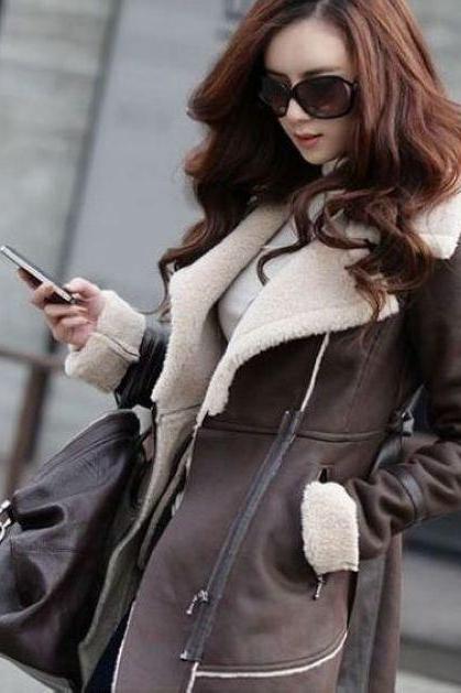 Women Suede Leather Winter Long Thick Jacket Fashion Trench Coat Outwear Parkas