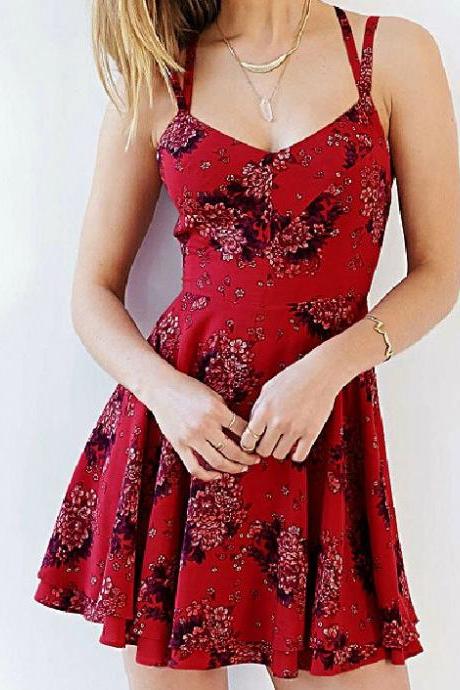 Red Floral Print Strappy Plunge V Short Ruffled Skater Dress Featuring Open Back 