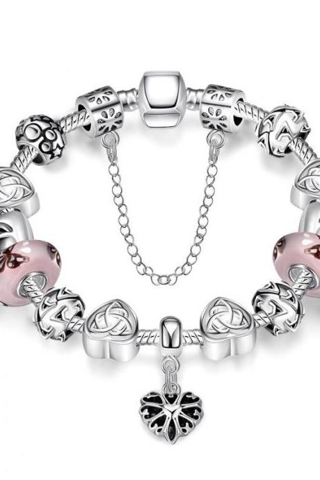 Women 925 Sterling Silver Plated Crystal Love Heart Flower Bracelet Jewelry