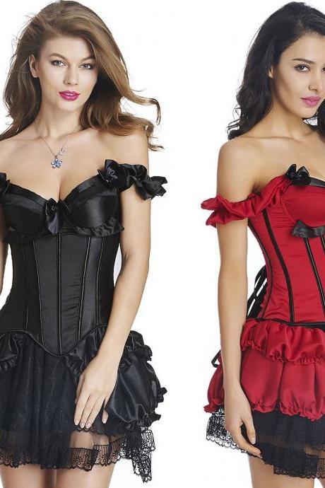 Gothic Lady Corset Dress Overbust Bustier Bridal Medieval Leisure Outdoor Dress