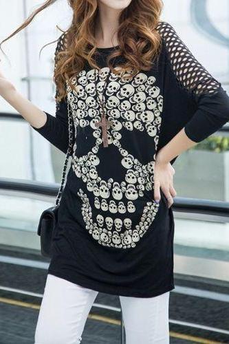 New Black Oversized Emo Goth Punk Rock Big Skull Cool Sexy Perforated Sleeve Top