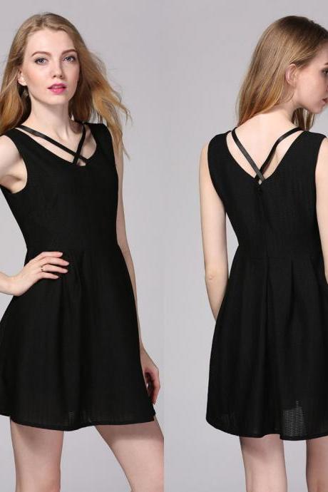 Women Black V-Neck Sleeveless Corset Party Cotton Sundress A-line Mini Dress