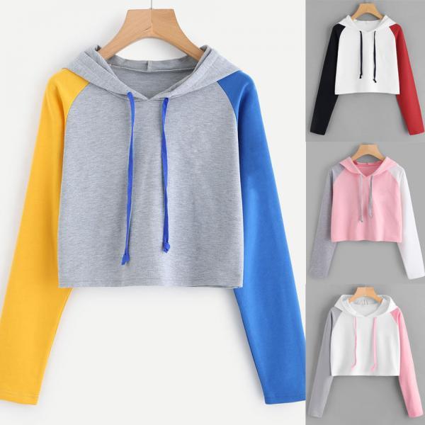 Womens Patchwork Long Sleeve Hoodie Sweatshirt Hooded Pullover Crop Tops Blouse