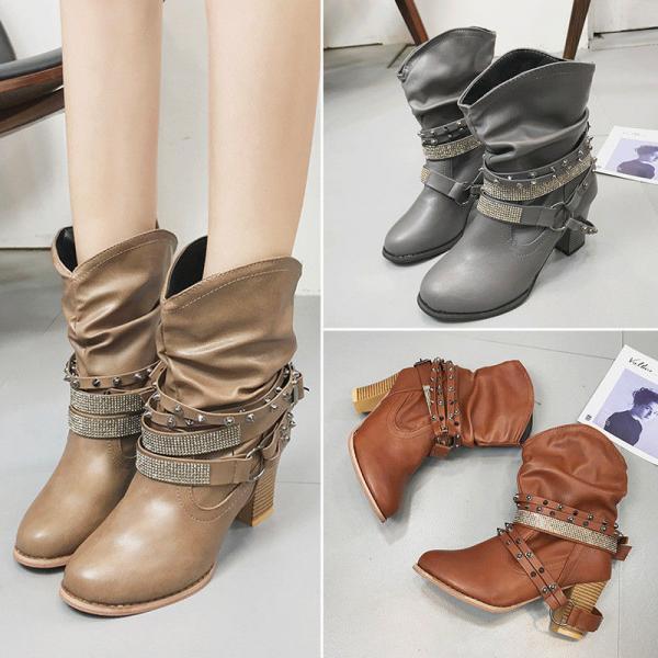 Buckle Rivet Block Heels Boots Biker Ankle Combat Military Booties Shoes