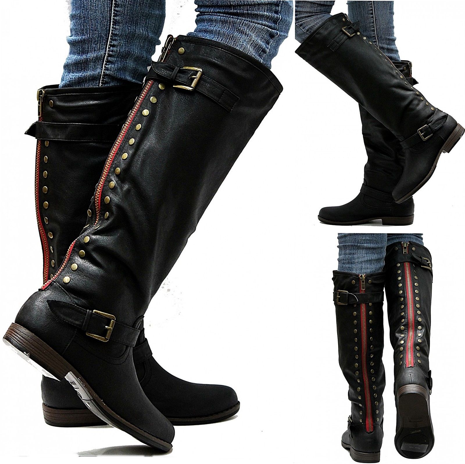 black boots with red zipper